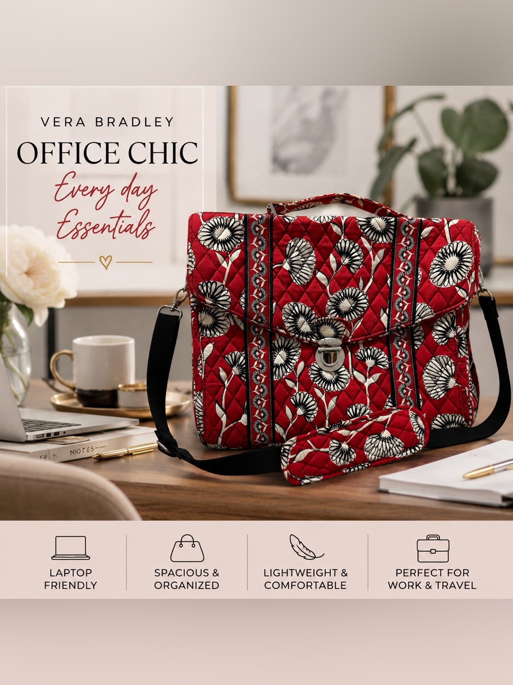 Vera Bradley Red Deco Daisy Poppy Quilted Laptop Messenger Bag